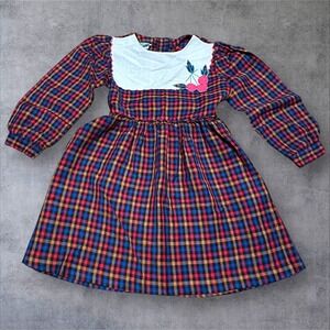 Vintage ady Girls Plaid Dress Cherry Embroidery Long Sleeve Prairie Size 4 5